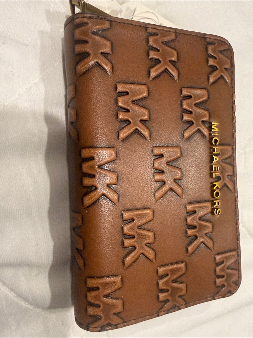 NWT Michael Kors Embossed MK Zip-Around Wallet in Cognac Brown